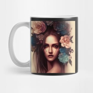 Beaux Animes Art, Beautiful Anime Girl with flowers in her hair and scars on her face Design Mug